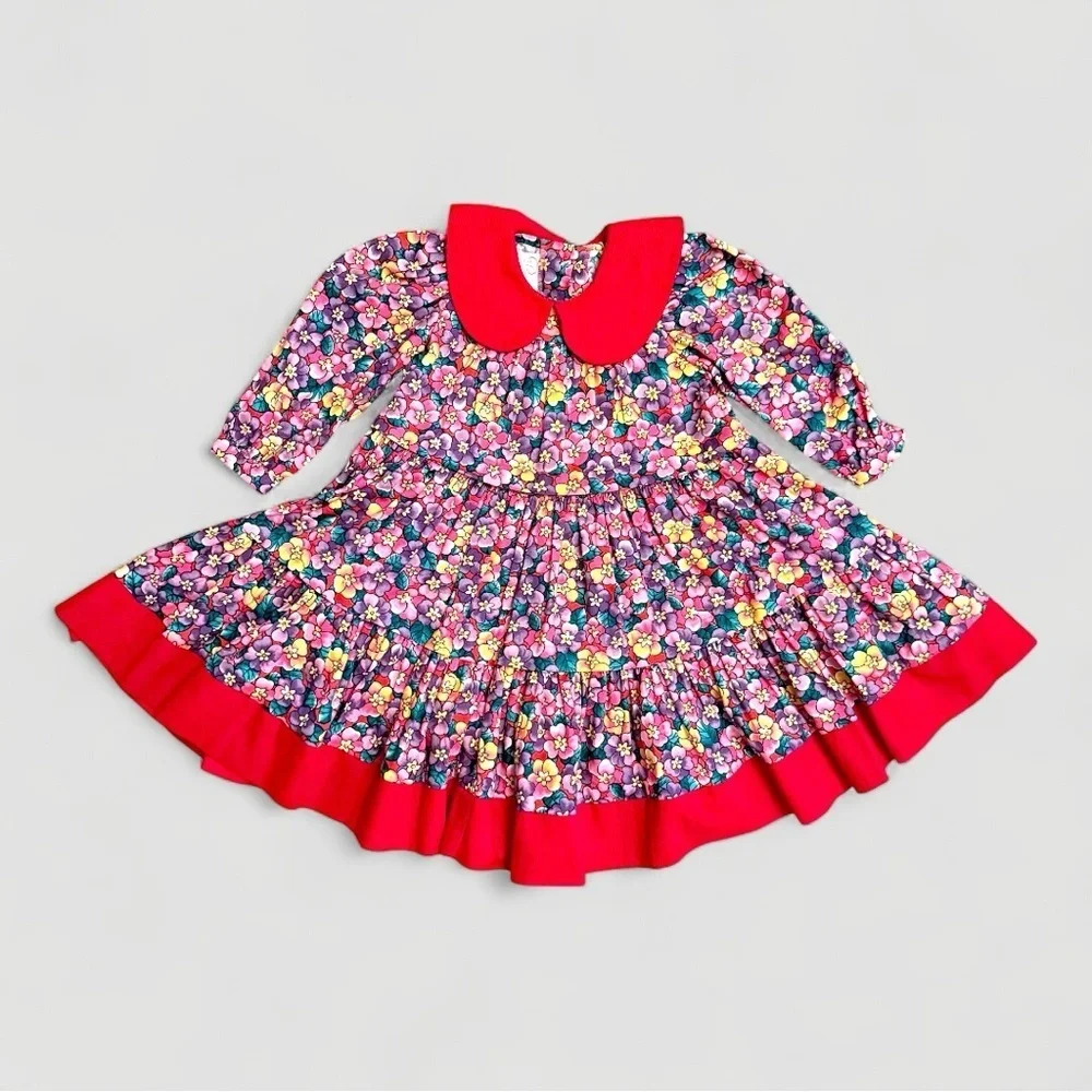 RARE Vintage Petals San Francisco Corduroy Floral Dress Red Collar Girls Size 6